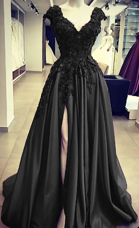 Black Satin Slit Dresses, With Lace Embroidery Prom Dresses Y1764 Lace Dress Sparkle