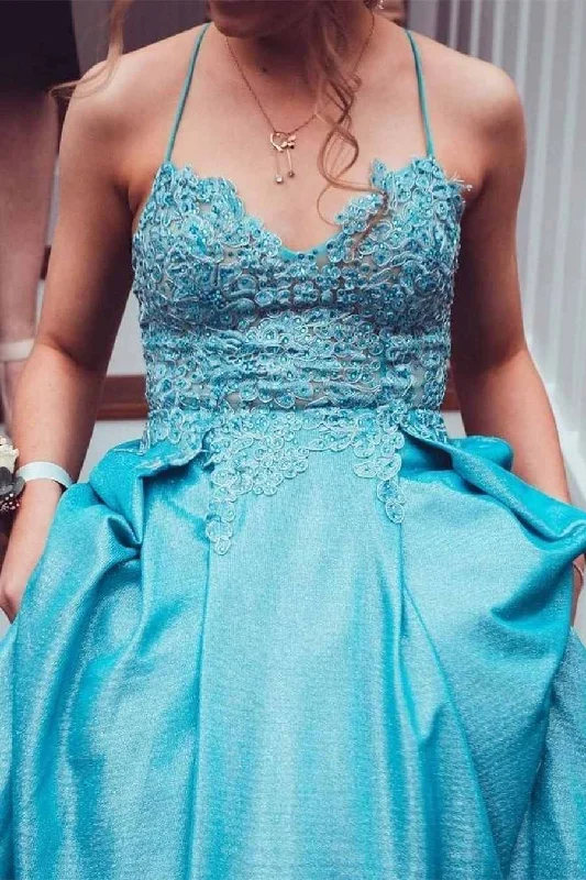 Blue A-line Lace Appliques Long Prom Dress with Lace Up Back Lace Dress Fashion