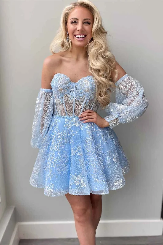 Blue Lace Bustier A-Line Short Homecoming Dress with Detachable Sleeve Lace Dress Appeal