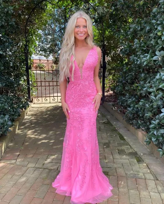 Charming Mermaid V Neck Hot Pink Lace Long Prom Dresses Y1028 Layered Lace Dress