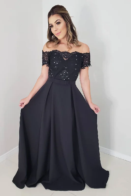 Elegant Off Shoulder Black Long Prom Dress with Lace Top Lace Skater Dress