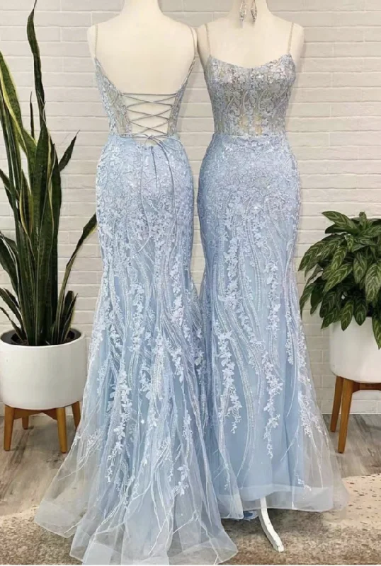 Elegant Sky Blue Prom Dresses with Appliques Lace Y1716 Lace Dress Sparkly