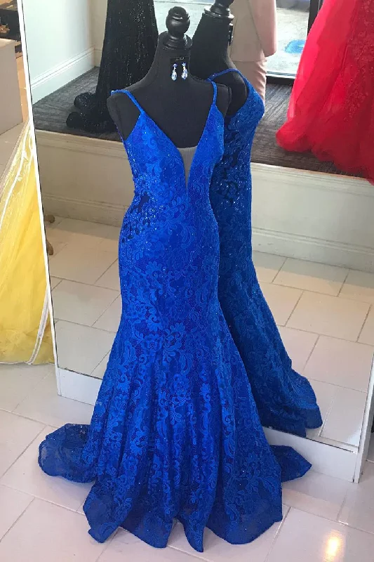 Elegant V Neck Mermaid Royal Blue Long Lace Prom Dress Y1200 Flowy Lace Dress