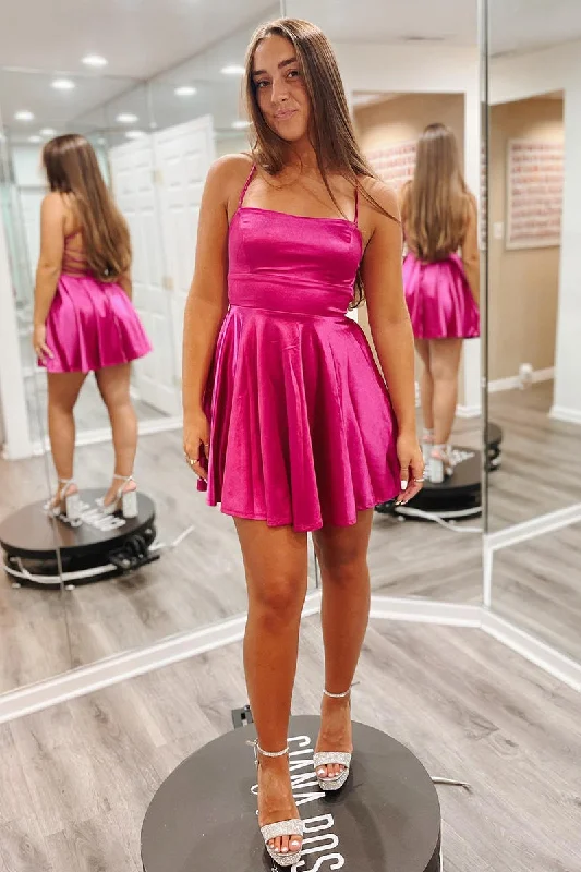 Fuchsia Lace-Up Satin A-line Homecoming Dress Lace Dress Trend