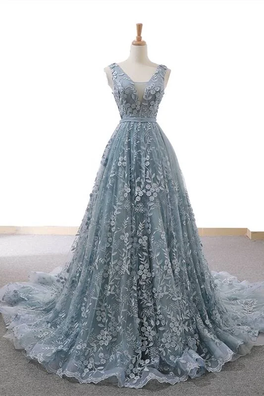 Gorgeous A-line Grey Lace Appliques Long Prom Gown Lace Dress Formal