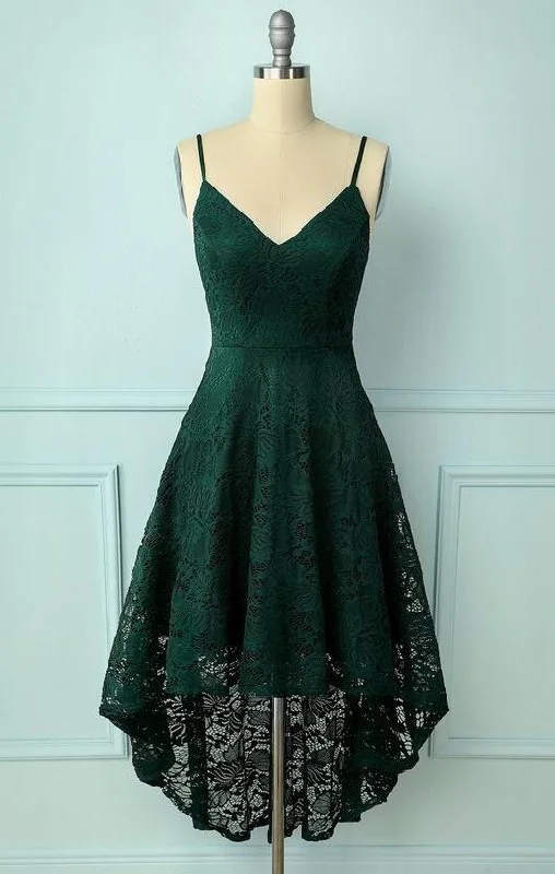 High low Dark Green Spaghetti Straps Lace Short Prom Dress A-line Dark Green Graduation Dress Y669 Lace Dress Chic