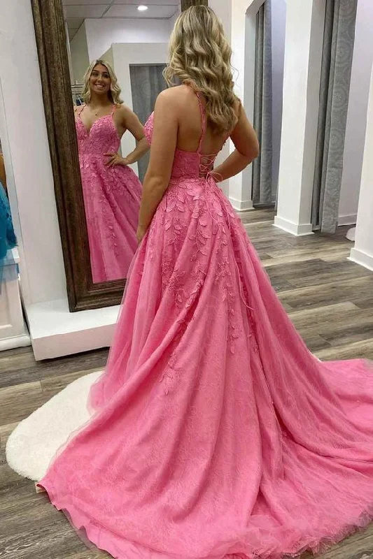 Hot Pink A-line Lace Appliques Prom Dress Y654 Boho Lace Dress