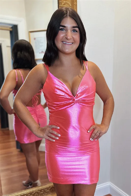 Hot Pink Satin Plunging V Neck Sheath Lace-Up Homecoming Dress Lace Dress Modern