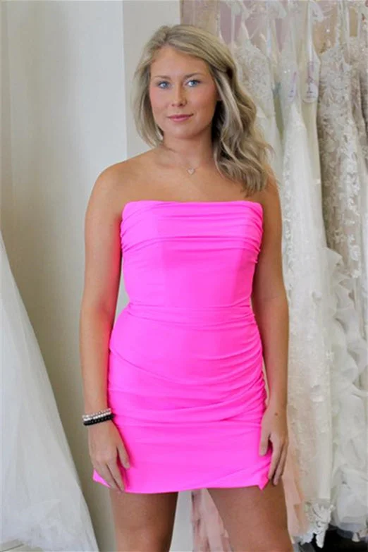 Hot Pink Strapless Lace-Up Sheath Homecoming Dress Lace Midi Dress