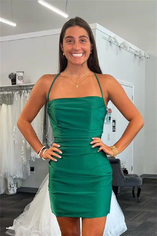 Hunter Green Lace-Up Sheath Satin Homecoming Dress Lace Wedding Dress