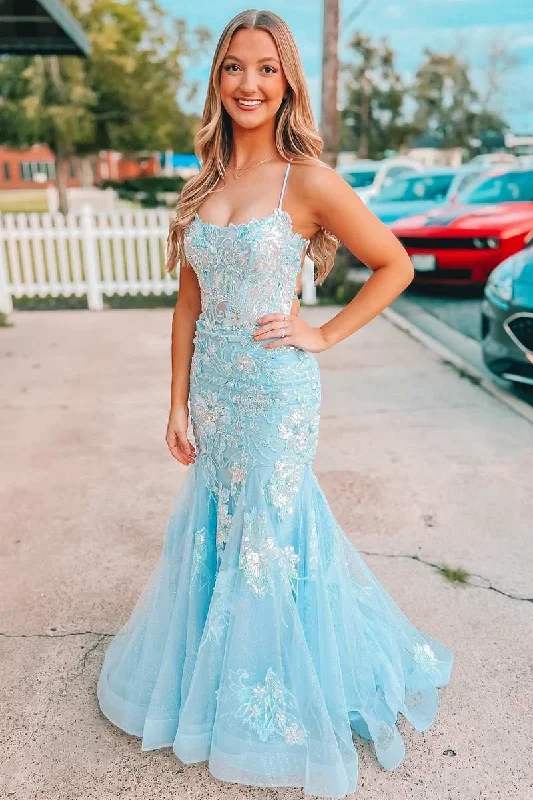 Light Blue Appliques Straps Lace-Up Mermaid Long Prom Dress Y1746 Lace Detail Gown