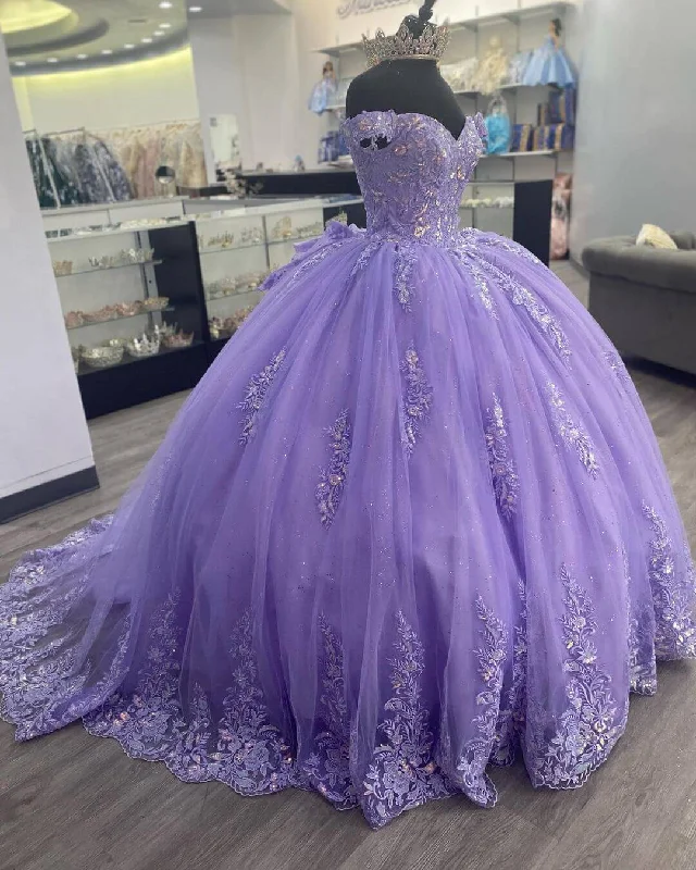 Lilac Corset Mexican Quinceanera Dress Ball Gown,Appliques Lace Birthday Dress Y1476 Lace Gown Style