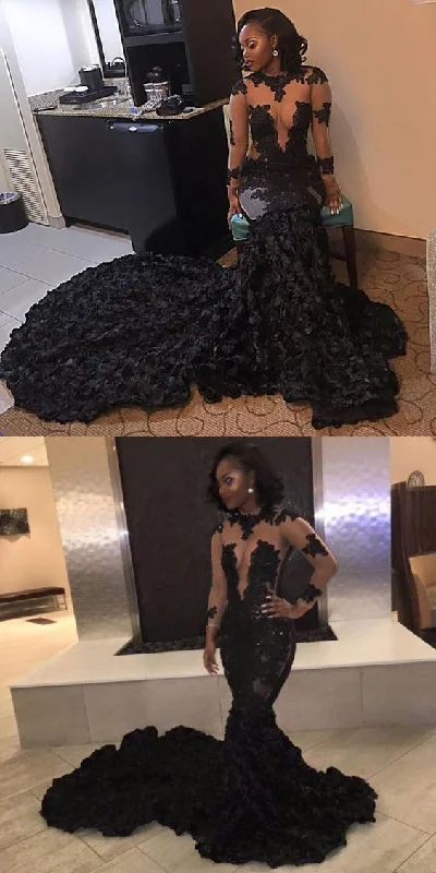 Mermaid Black Prom Dress Lace Long Sleeve African Prom Dress Y1255 Bohemian Lace Dress