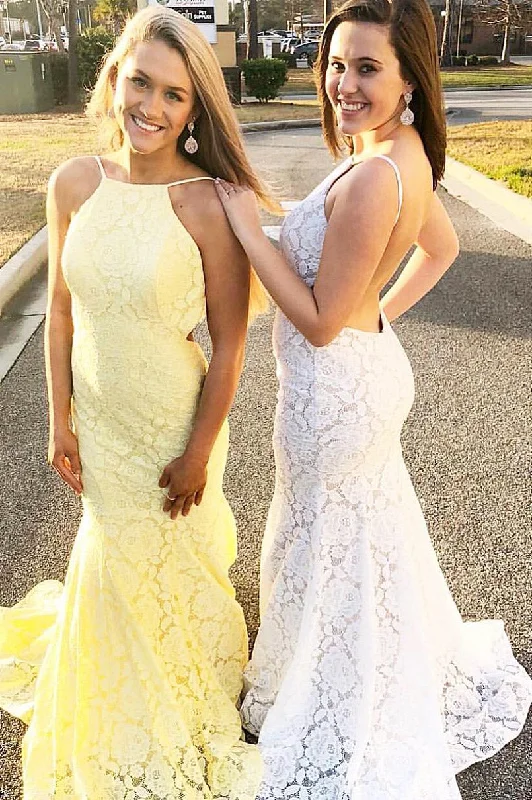 Mermaid Lace Long Prom Dress with Spaghetti Straps Lace Party Gown