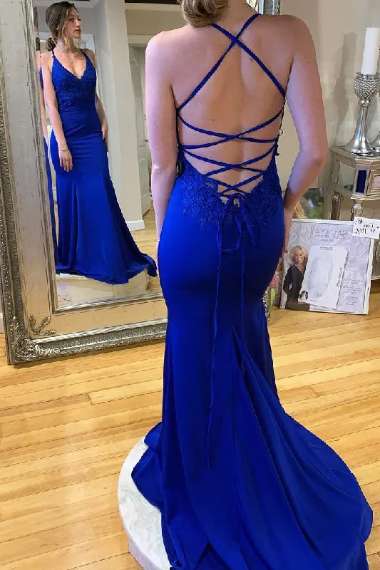 Mermaid Lace-Up Long Royal Blue Prom Dress Y1273 Elegant Lace Design