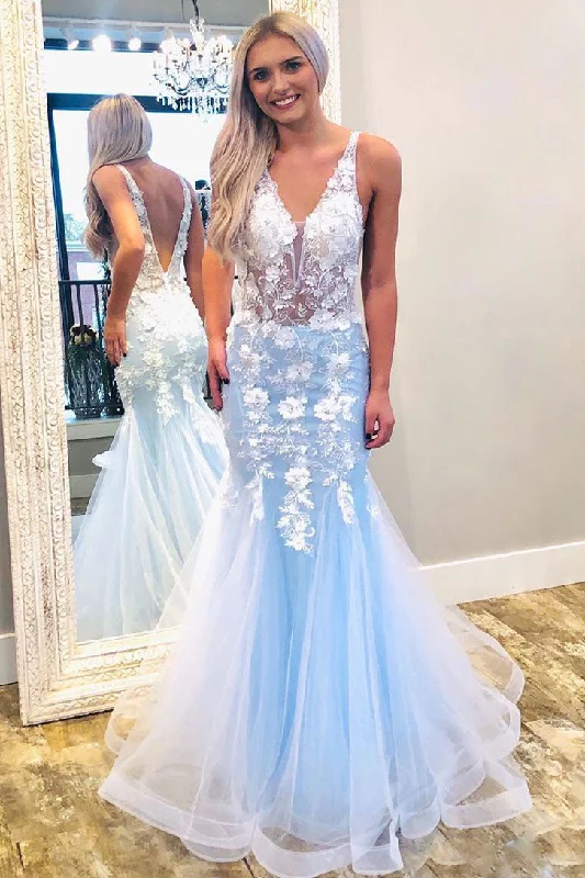 Mermaid V Neck Sky Blue Prom Dress with Lace Appliques Light Lace Dress