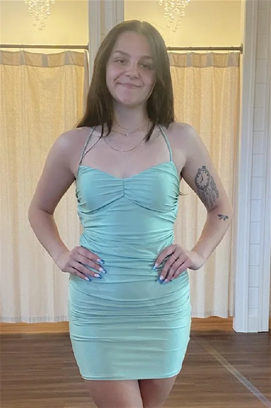 Mint Green Satin Sheath Lace-Up Homecoming Dress Tiered Lace Gown