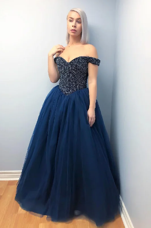 Off the Shoulder Beaded Lace-Up Navy Blue Prom Dress Lace Gown Glam