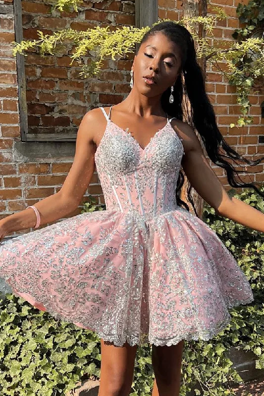 Pink Lace-Up Silver Appliques A-line Homecoming Dress Lace Shift Dress