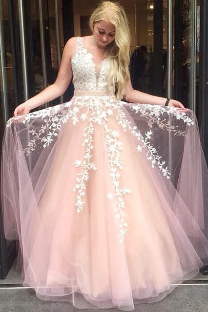 Princess A-line Pink Long Prom Dress with White Lace Appliques Lace Dress with Belt