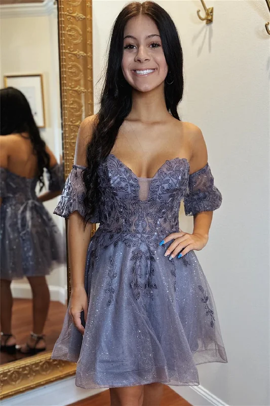 Purple Grey Off-the-Shoulder Appliques A-line Lace-Up Homecoming Dress Lace Dress Deep V