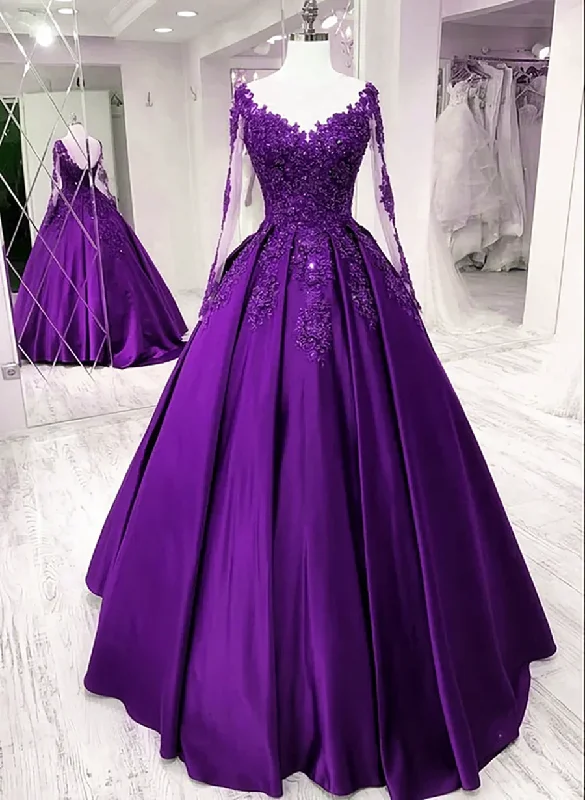 Purple Satin Long Sleeves Prom Dress Formal Dress, Lace Applique Sweet 16 Dress Y1843 Casual Lace Dress