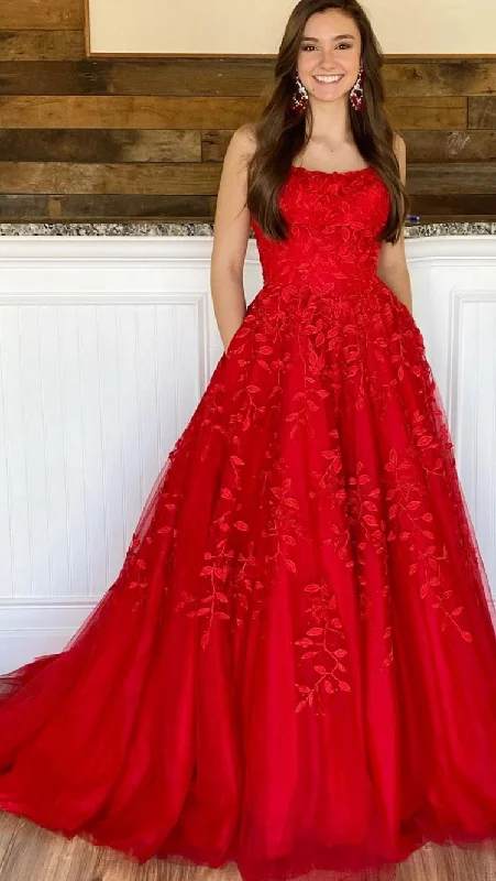 Red prom dresses spaghetti straps lace applique a line cheap prom gowns Y805 Lace Dress Set