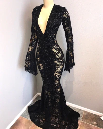 Sexy Long Sleeves Black Mermaid Prom Dress Lace V-neck Long Y1859 Lace Dress Bohemian