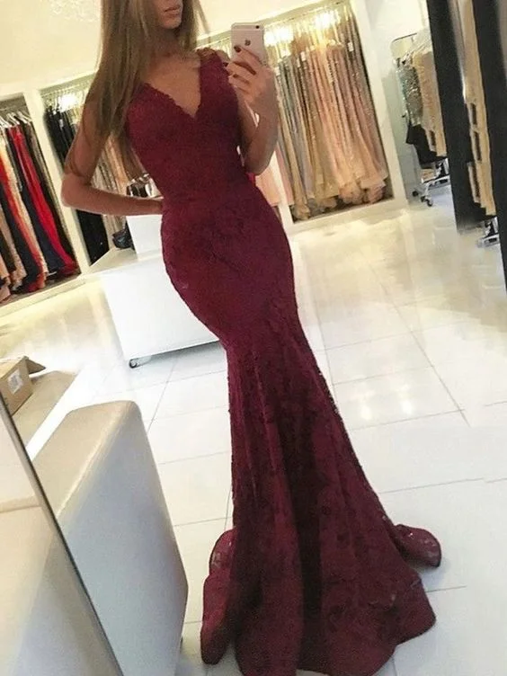 Sexy Mermaid Burgundy V Neck Lace Sleeveless Long Prom Dress Y1548 Lace High Neck Dress