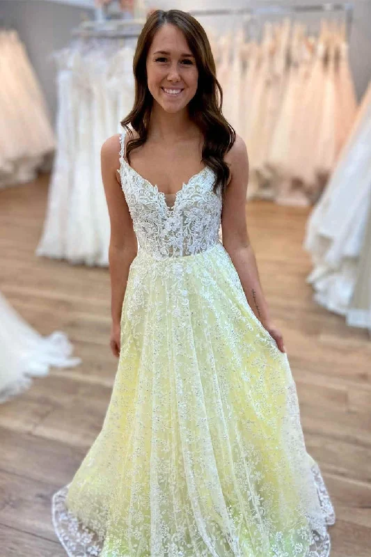 Spaghetti Straps V-Neck Yellow Lace Long Prom Dress Lace Dress Fit