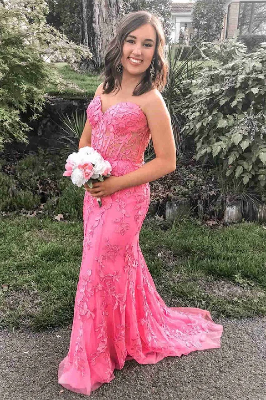 Sweetheart Hot Pink Lace Appliques Prom Dress Tiered Lace Dress