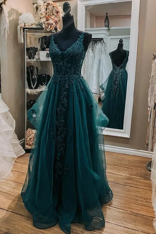 V Neck Open Back Dark Green Lace Beaded Long Prom Dresses, Dark Green Lace Formal Dresses Y1511 Off-the-shoulder Lace