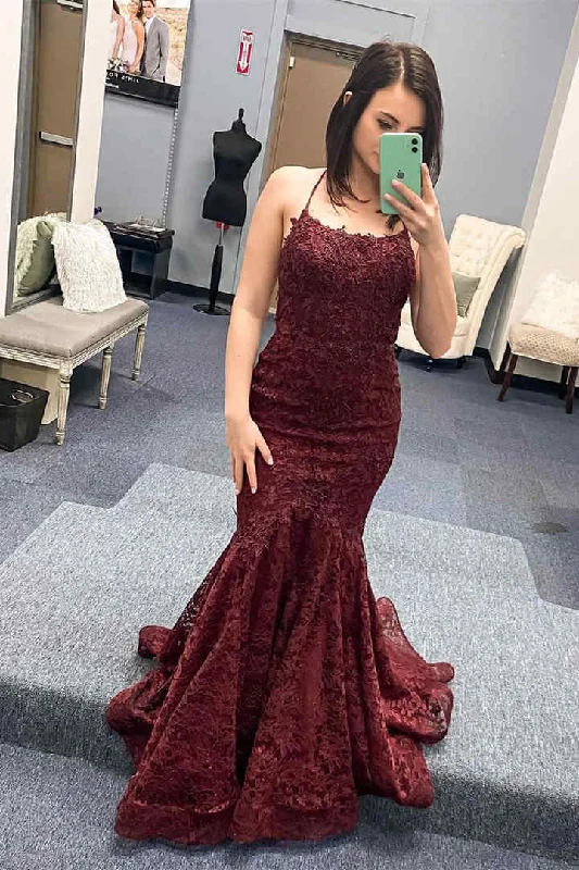 Wine Red Straps Lace Appliques Mermaid Prom Dress Sexy Lace Gown