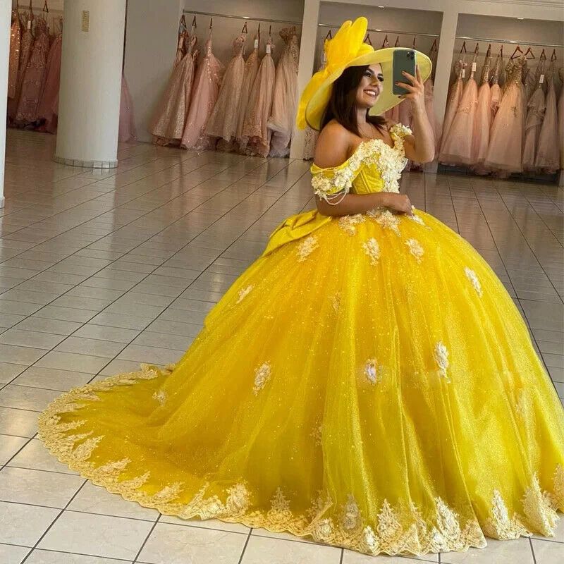 Yellow Ball Gown Quinceanera Dresses Off Shoulder Lace up Back Sweep Train Appliques Beads Y656 Sleeveless Lace Dress